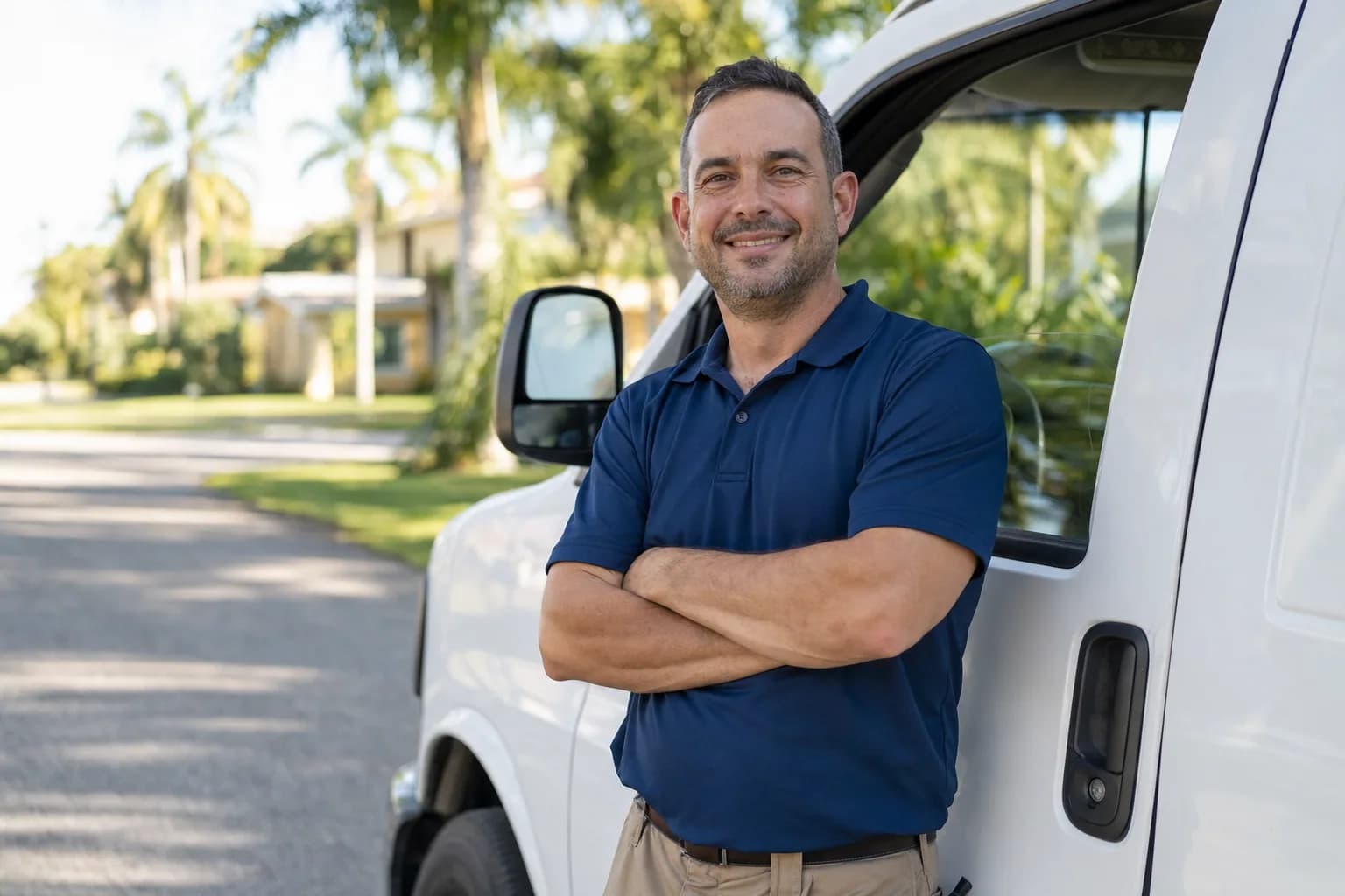 The owner of Jax Appliance Pros beside a service van on a Jacksonville street