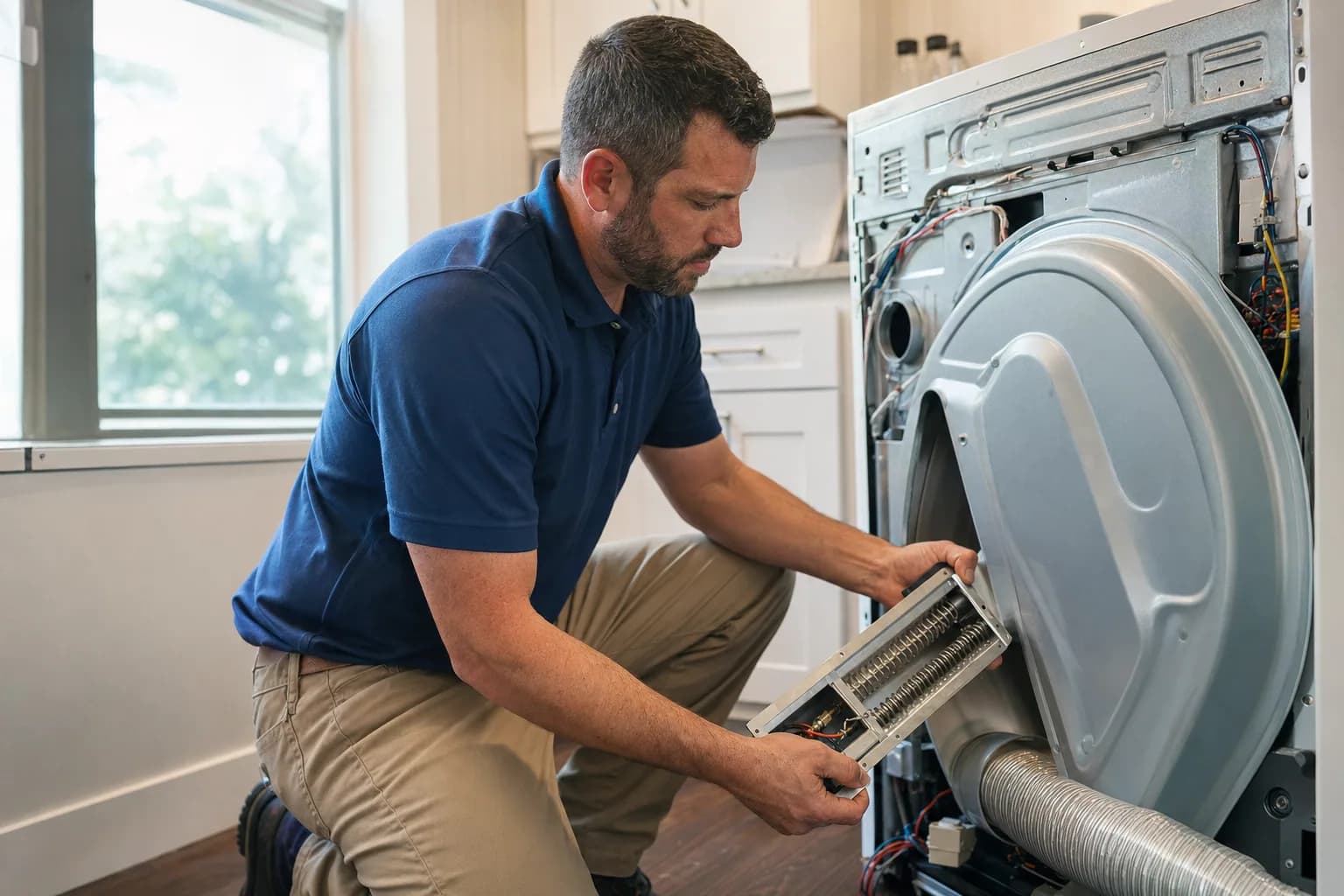 Technician replacing the heating element of a clothes dryer with the rear panel removed