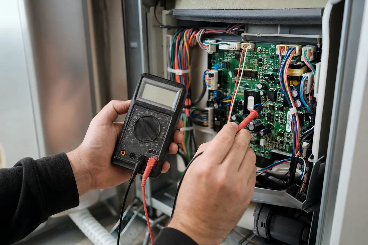 Multimeter probing a refrigerator electronic control board inside an open panel