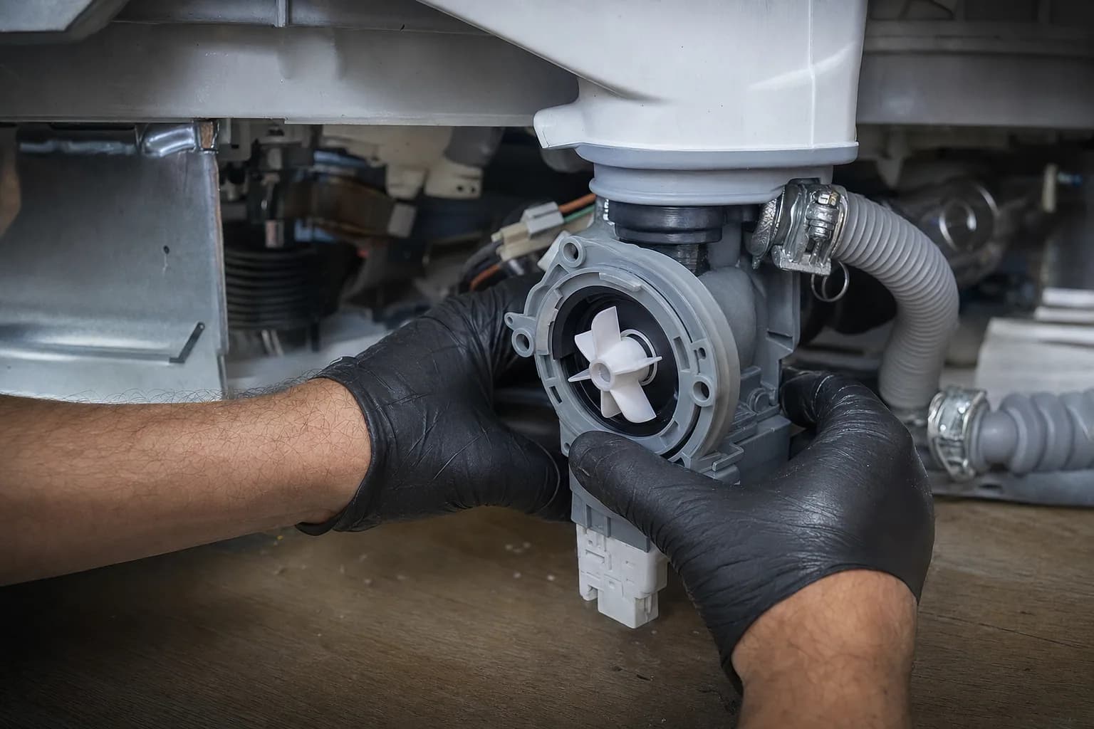 Gloved hands replacing a dishwasher drain pump underneath the unit