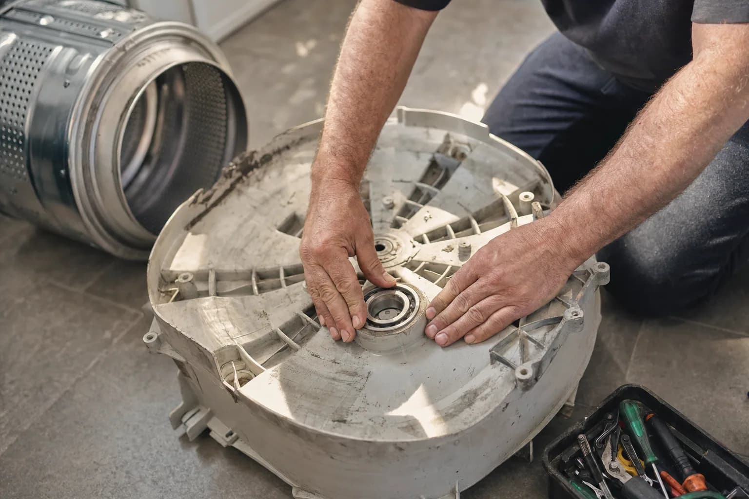 Front-load washer outer tub split open with a new drum bearing being pressed in