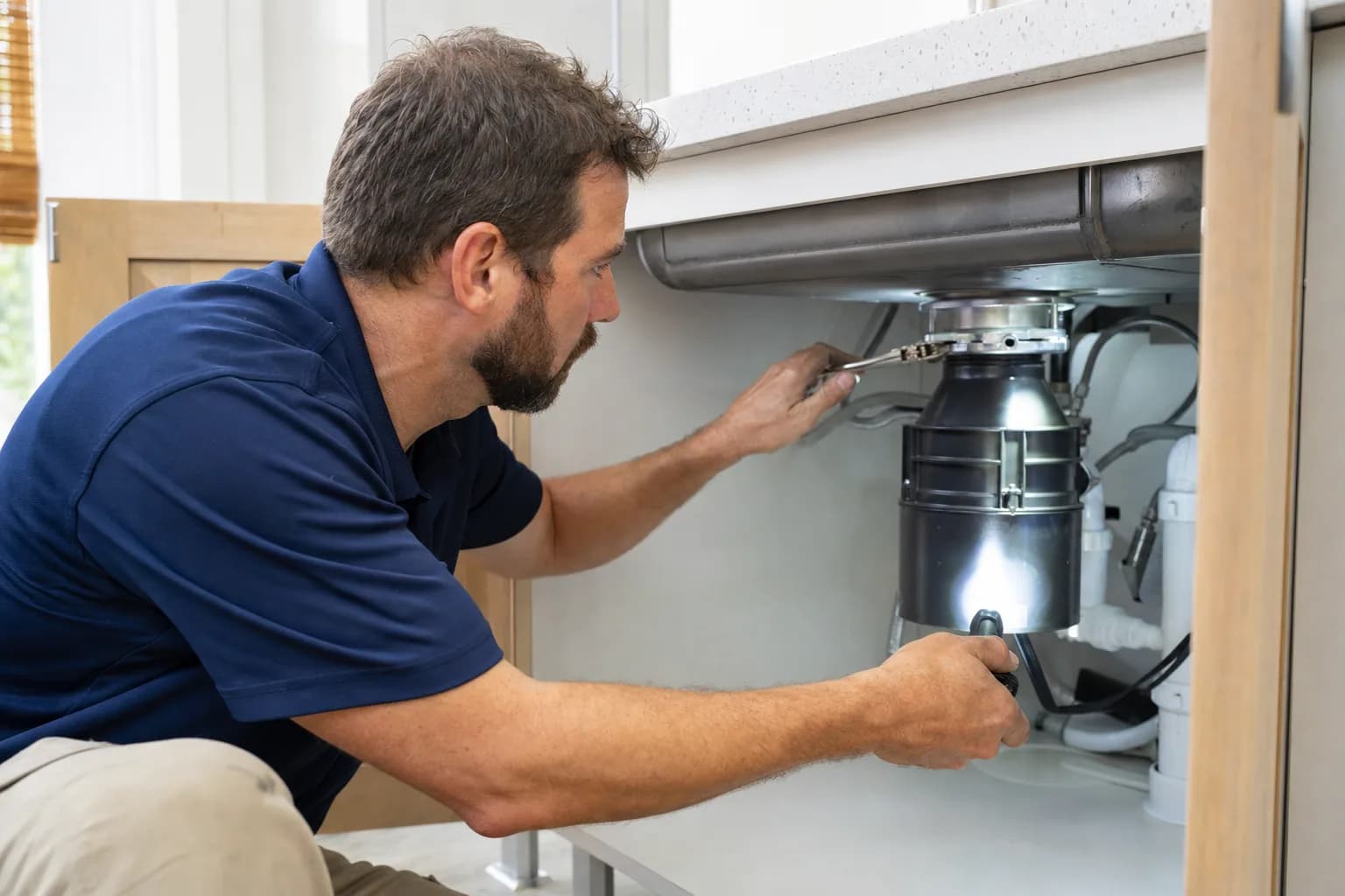 Technician installing a garbage disposal under a kitchen sink