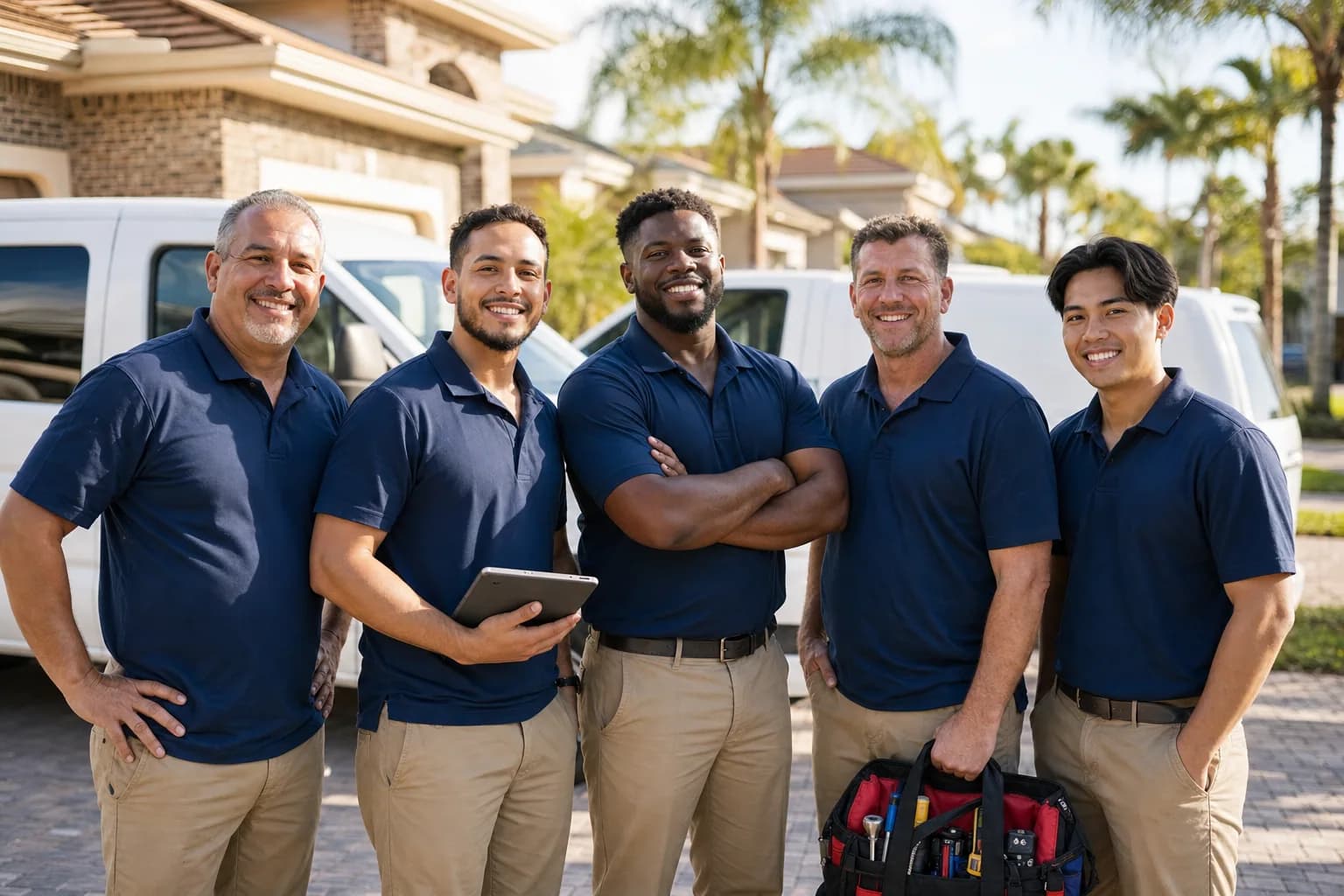 Jax Appliance Pros technicians standing in front of their service vans at a Jacksonville home