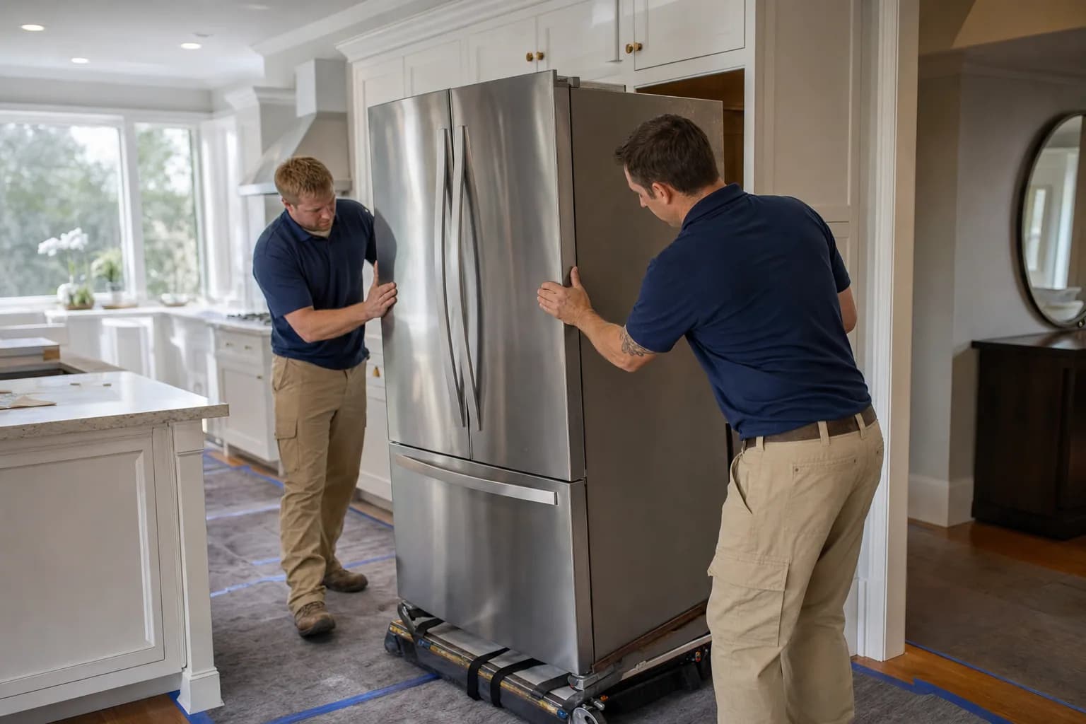 Two installers guiding a new stainless-steel refrigerator into its cabinet opening