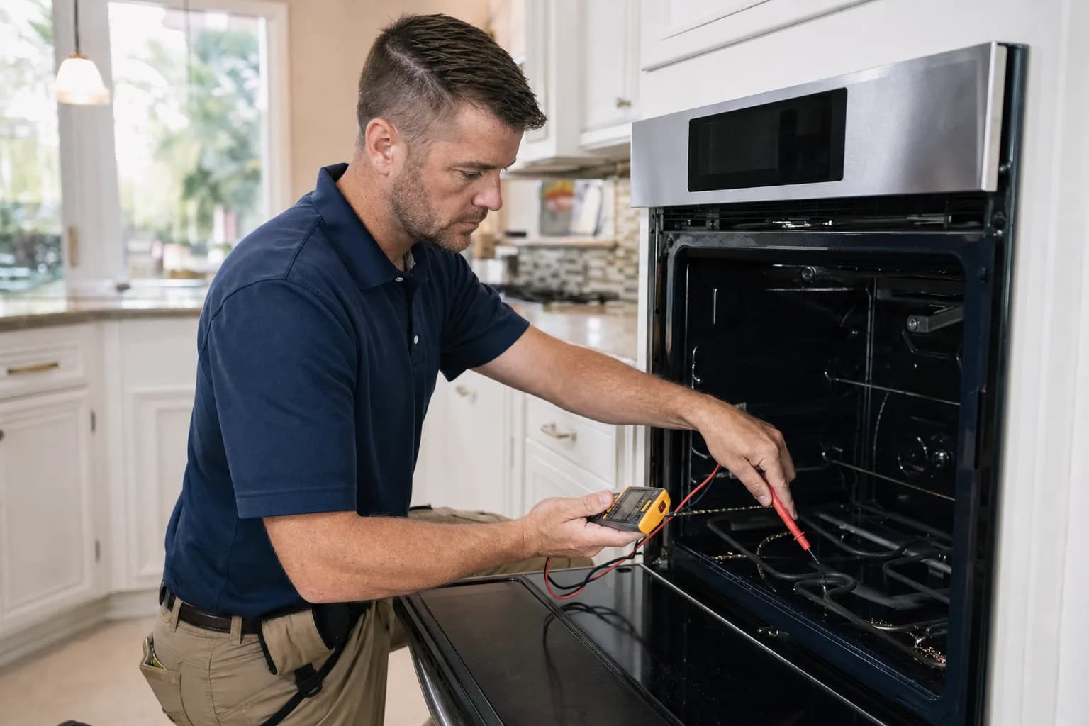 Technician testing a built-in wall oven heating element with a multimeter