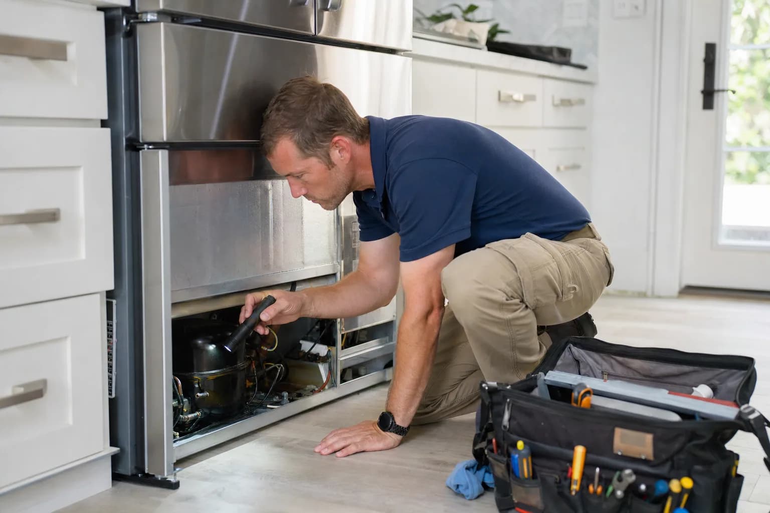 Technician inspecting the compressor area of a French-door refrigerator in a modern kitchen