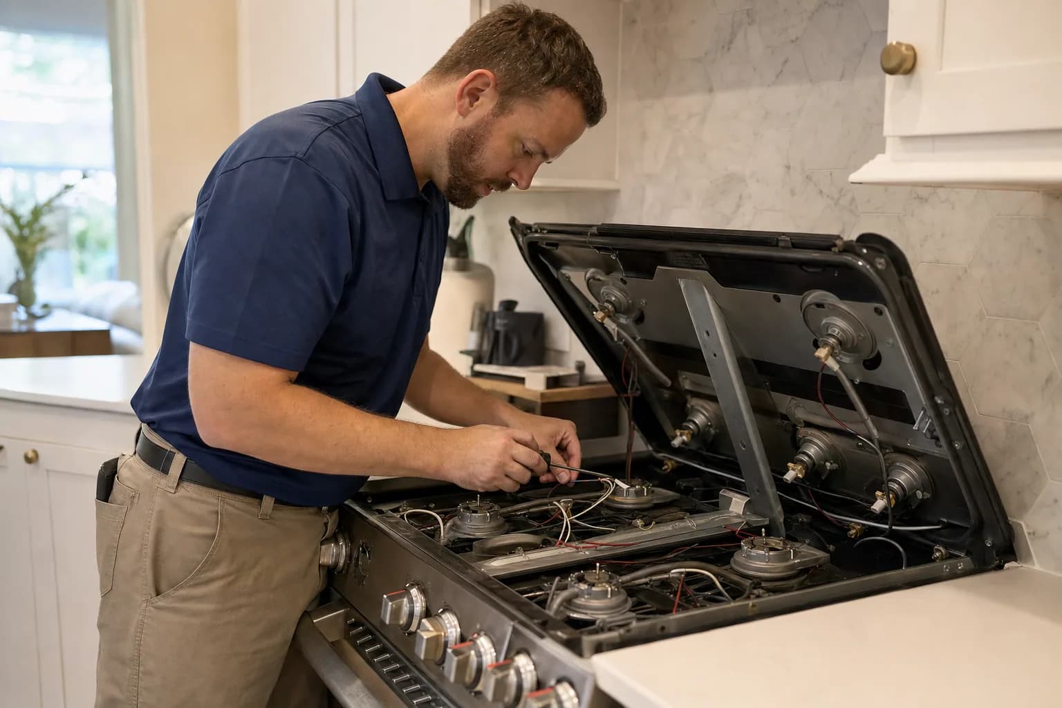 Technician replacing a burner igniter on a gas range with the cooktop lifted