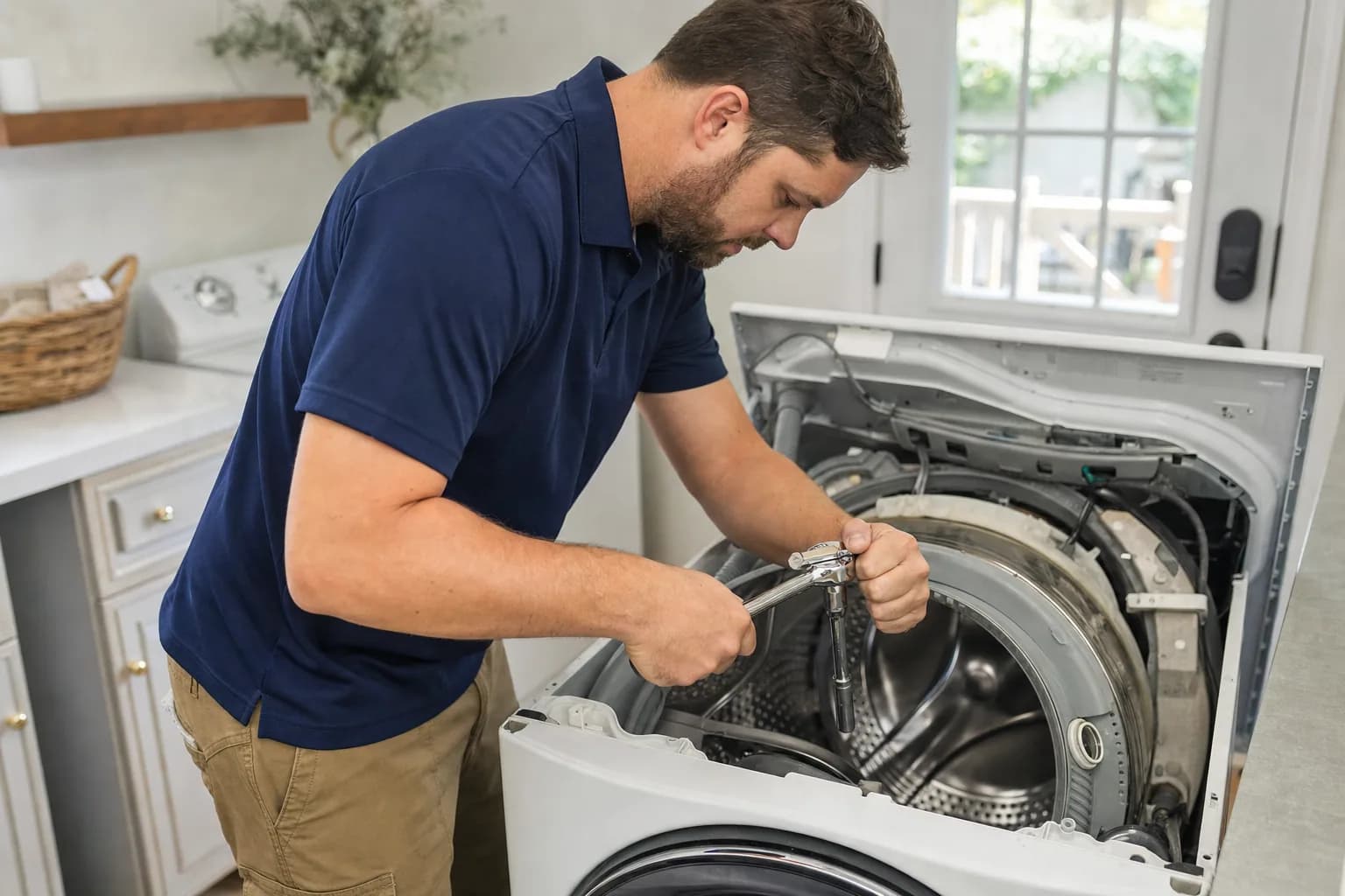 Technician servicing a front-load washing machine with the top panel lifted